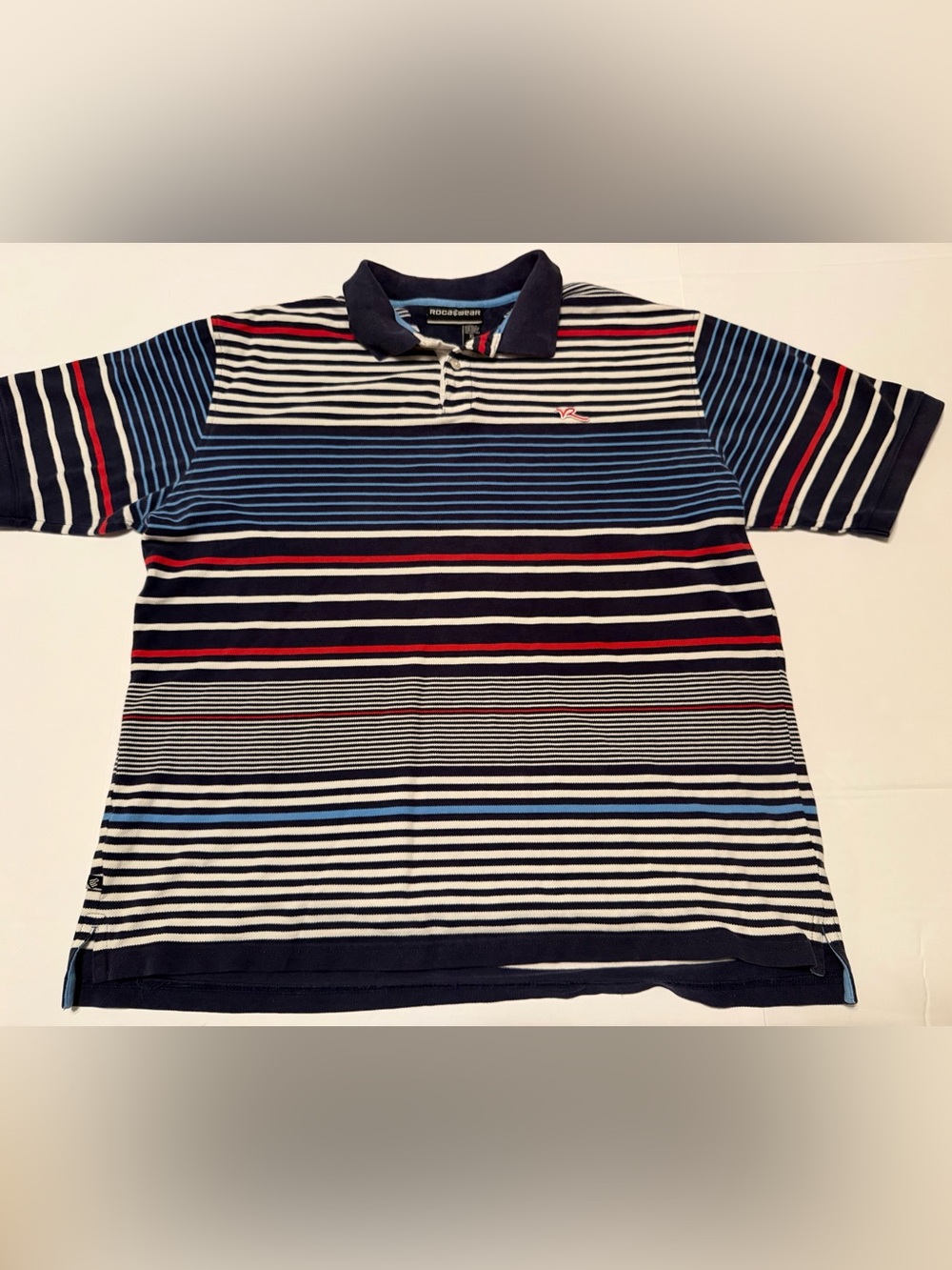 Rocawear Men's XL Blue/White/Red Striped Short Sleeve Cotton Knit Polo Logo
